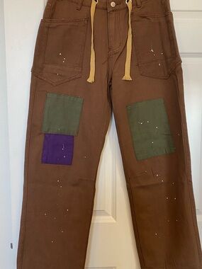 Brown Patchwork Jeans with Olive & Purple Accents